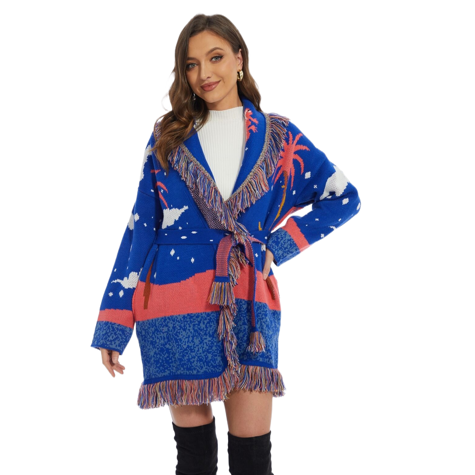 Ladies Autumn Winter Oversized Palm Jacquard Fringe Hem belt tied Casual Cashmere Wool Long Sweater Coat