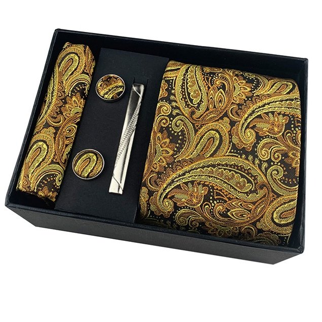 Wholesale Microfiber Polyester Necktie Handkerchief Cufflinks Clip Hot Sale Gift Box Classic Fashion Tie For Men