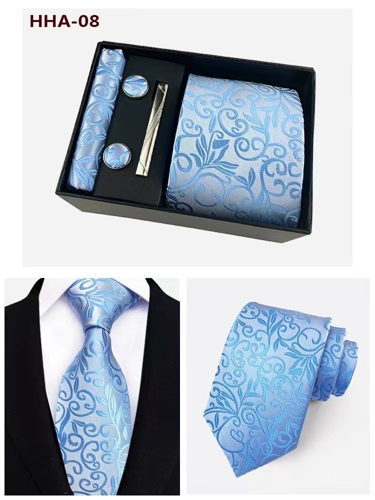 Wholesale Microfiber Polyester Necktie Handkerchief Cufflinks Clip Hot Sale Gift Box Classic Fashion Tie For Men