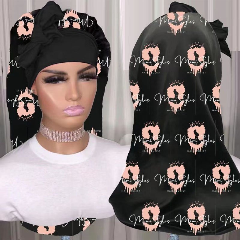 Free Design Satin Braid Long Bonnet Custom Elastic Long Head Tie Silk Hair Bonnet Sleep Bonnets With Logo