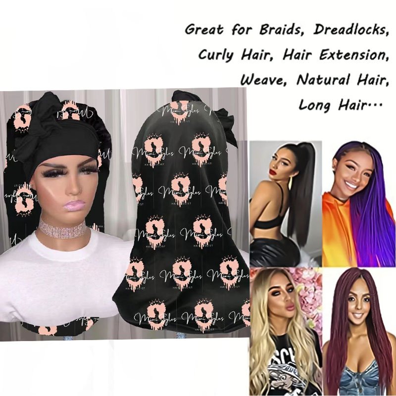 Free Design Satin Braid Long Bonnet Custom Elastic Long Head Tie Silk Hair Bonnet Sleep Bonnets With Logo