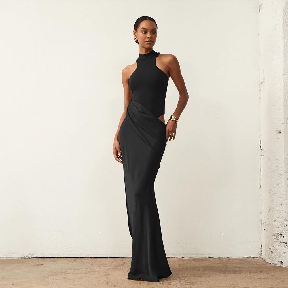 Hot Selling Women's Dress Round Neck Sleeveless Slim Fit Patchwork Long Skirt Elegant Hollow Out Dress
