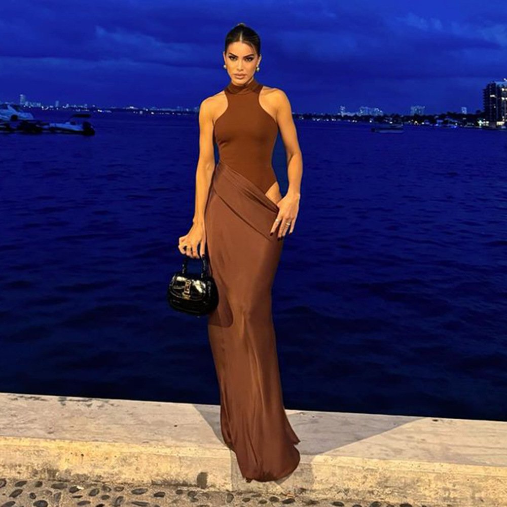 Hot Selling Women's Dress Round Neck Sleeveless Slim Fit Patchwork Long Skirt Elegant Hollow Out Dress