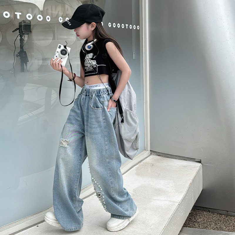 2024 Summer Teenager Girls Washed Blue Print Tie Dyed Casual Jeans 5-15 Years
