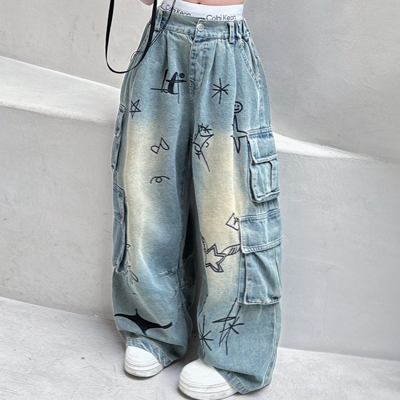 2024 Summer Teenager Girls Washed Blue Print Tie Dyed Casual Jeans 5-15 Years