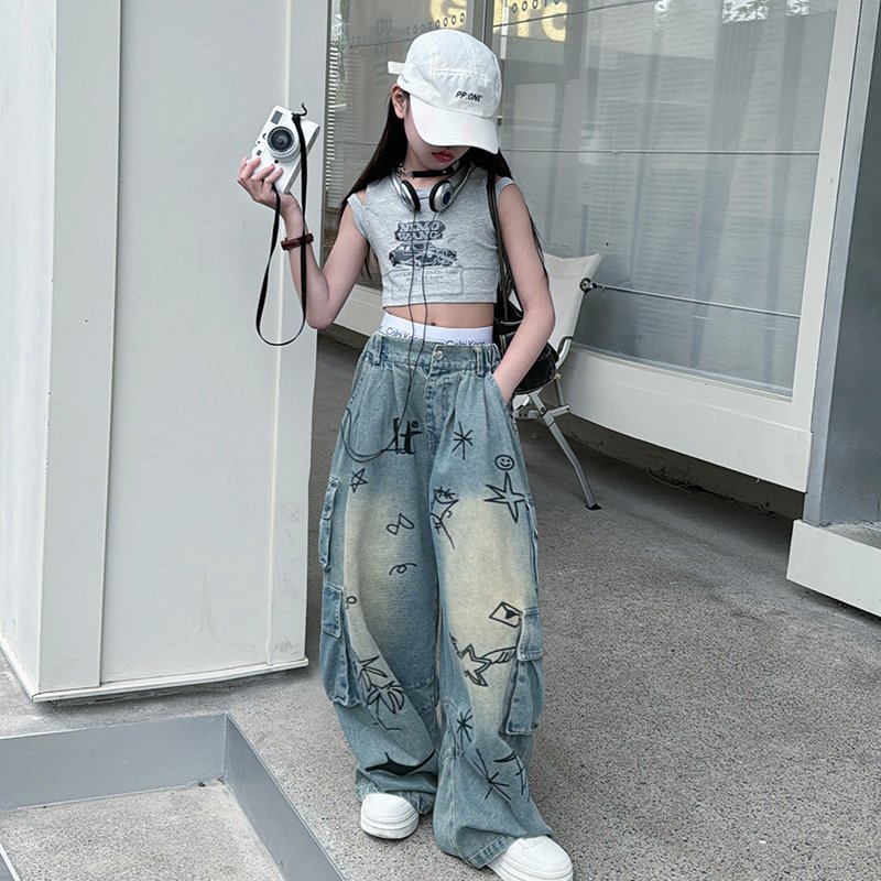 2024 Summer Teenager Girls Washed Blue Print Tie Dyed Casual Jeans 5-15 Years
