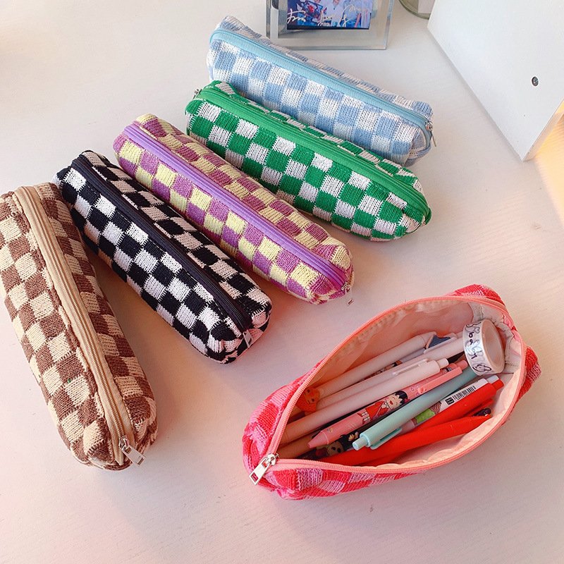 Small Checkered Makeup Brush Bag Girls Cute Checkered Cosmetic Pouch Knitted Checkered Zipper Bag