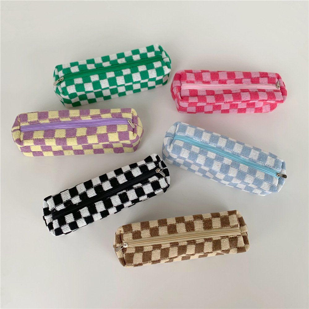 Small Checkered Makeup Brush Bag Girls Cute Checkered Cosmetic Pouch Knitted Checkered Zipper Bag