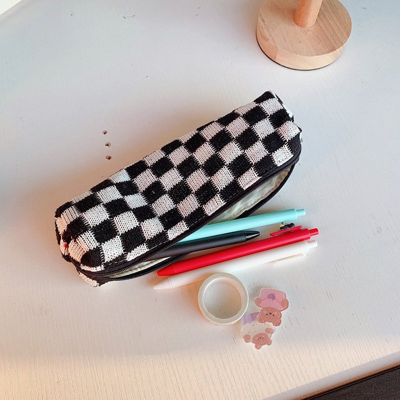 Small Checkered Makeup Brush Bag Girls Cute Checkered Cosmetic Pouch Knitted Checkered Zipper Bag