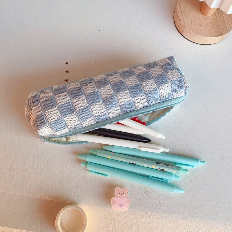 Small Checkered Makeup Brush Bag Girls Cute Checkered Cosmetic Pouch Knitted Checkered Zipper Bag