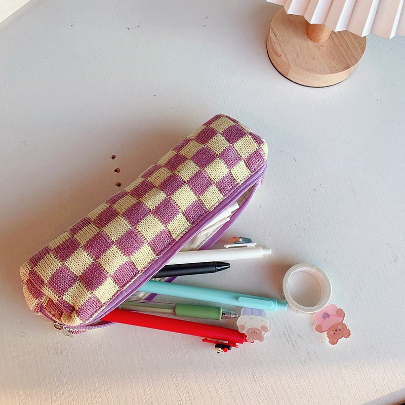 Small Checkered Makeup Brush Bag Girls Cute Checkered Cosmetic Pouch Knitted Checkered Zipper Bag