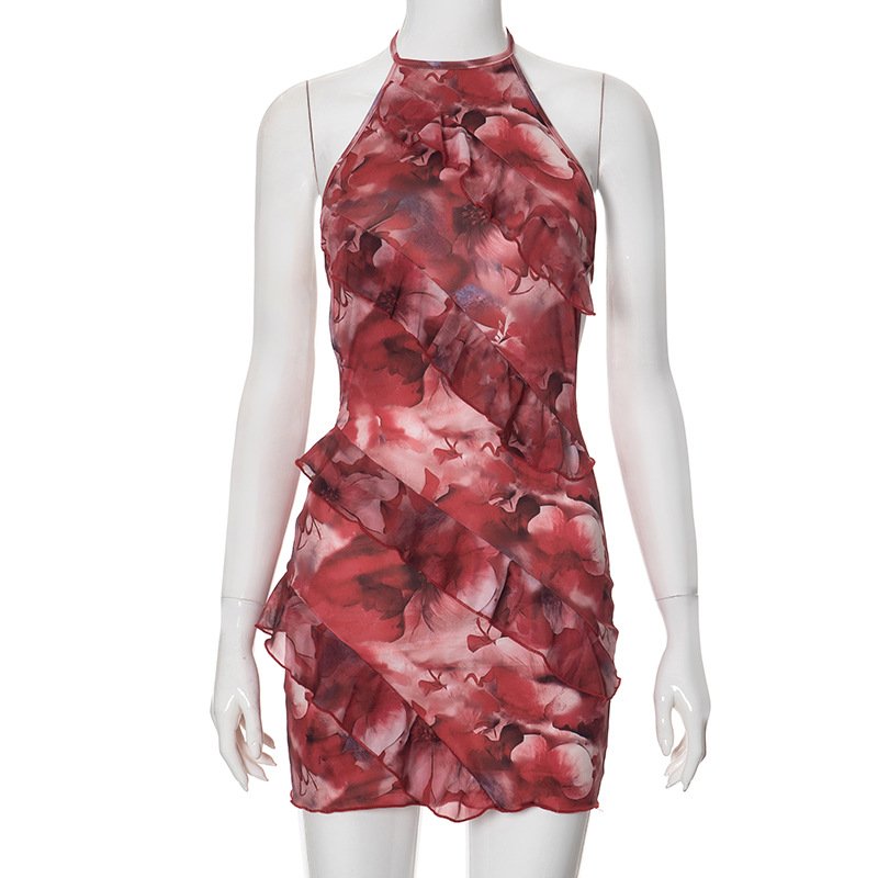 2024 Summer Tie Dye Print Party Club Outfits Women Dresses Bodycon Dress Ladies Halter Mini Mesh Dress