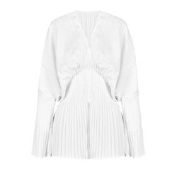 Design Sense Elegant Style Slim Top Autumn New V-neck Waist Tie Heavy Work Pleated Flare Sleeve High Waist Shirt