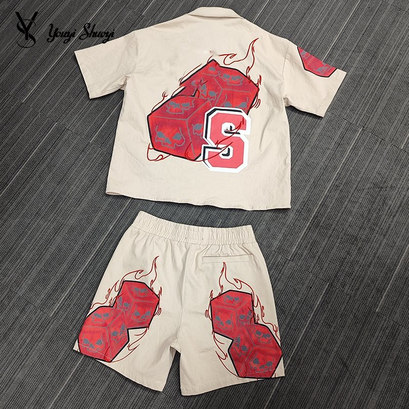 streetwear mens polyester short set nylon summer two piece shorts and shirt set