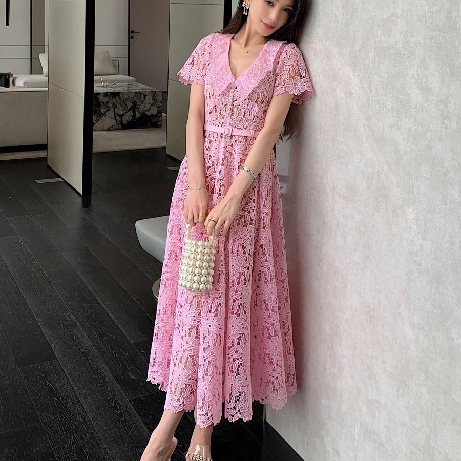 Elegant Summer Women's New Water soluble Lace Hollow High end Light Luxury Dress