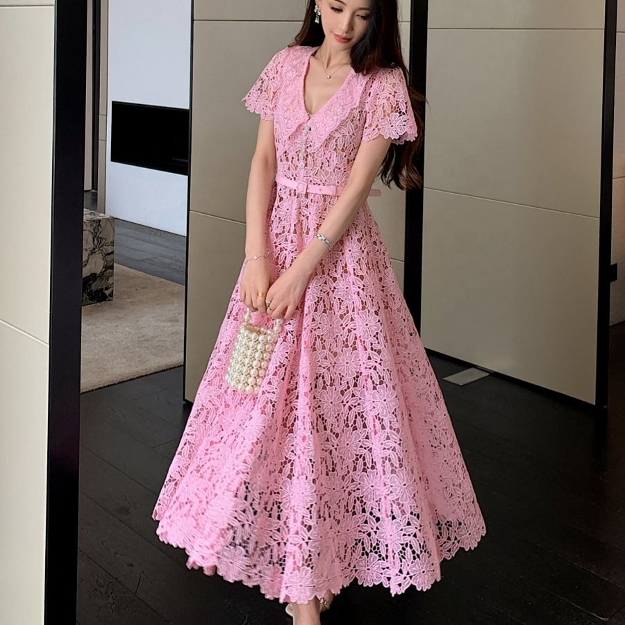 Elegant Summer Women's New Water soluble Lace Hollow High end Light Luxury Dress