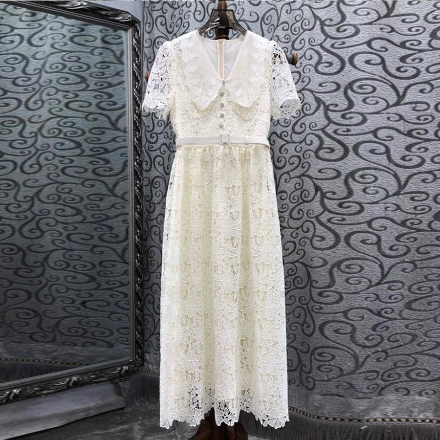 Elegant Summer Women's New Water soluble Lace Hollow High end Light Luxury Dress