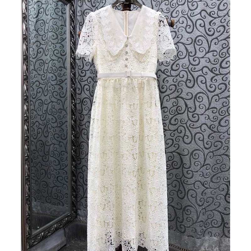Elegant Summer Women's New Water soluble Lace Hollow High end Light Luxury Dress