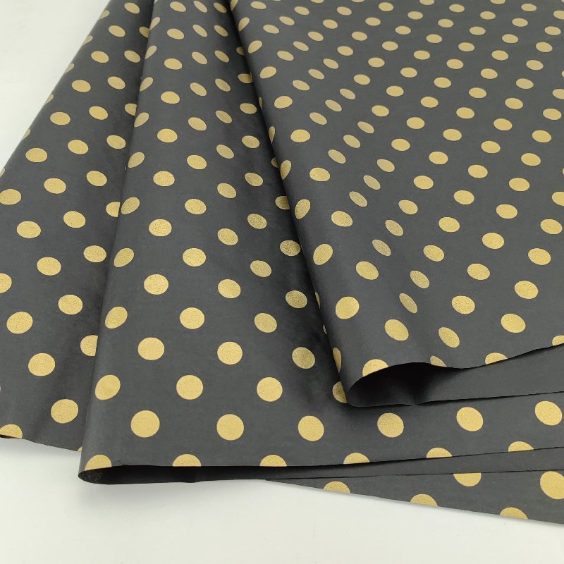 50x75cm Golden Love Wrapping Tissue Paper with Golden Stars and Gold Dot on Black Background Bio-Degradable for Packaging Ties