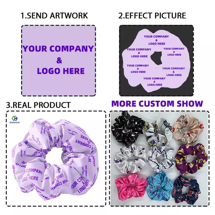 CHENGHE Custom printed logo elastic silk satin scrunchies for women girls novelty personalized pattern hair tie accessories