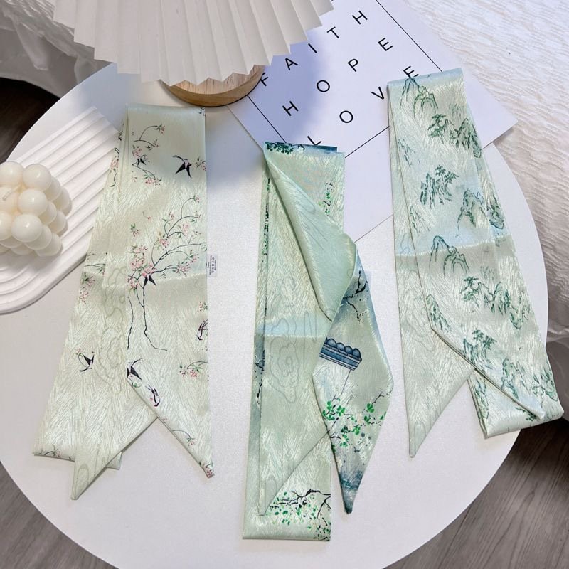 Fashion Design Summer Printed Silk Satin Scarf Hair Ribbons Tie Small Neckerchief Women Handbag Decoration