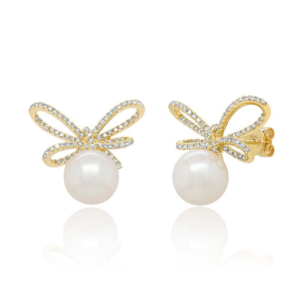 promotion cz bow tie stud earring with round pearl beads cute lovely girl women jewelry fashion