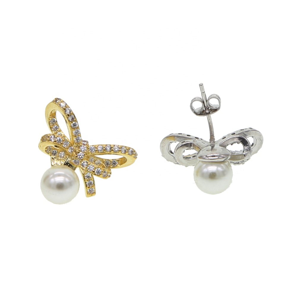 promotion cz bow tie stud earring with round pearl beads cute lovely girl women jewelry fashion