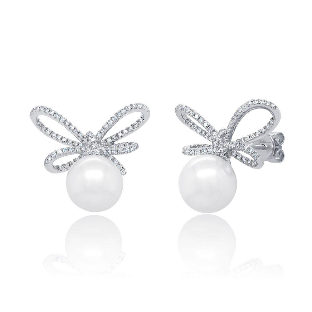 promotion cz bow tie stud earring with round pearl beads cute lovely girl women jewelry fashion