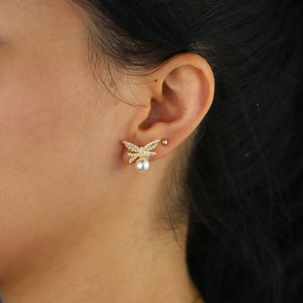 promotion cz bow tie stud earring with round pearl beads cute lovely girl women jewelry fashion