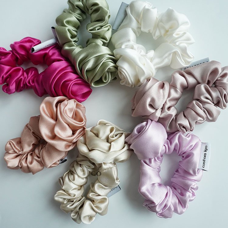 Rose flower Decor silk hair tie bands rope ring 100% pure mulberry silk hair scrunchie For Girls Ponytail Holder