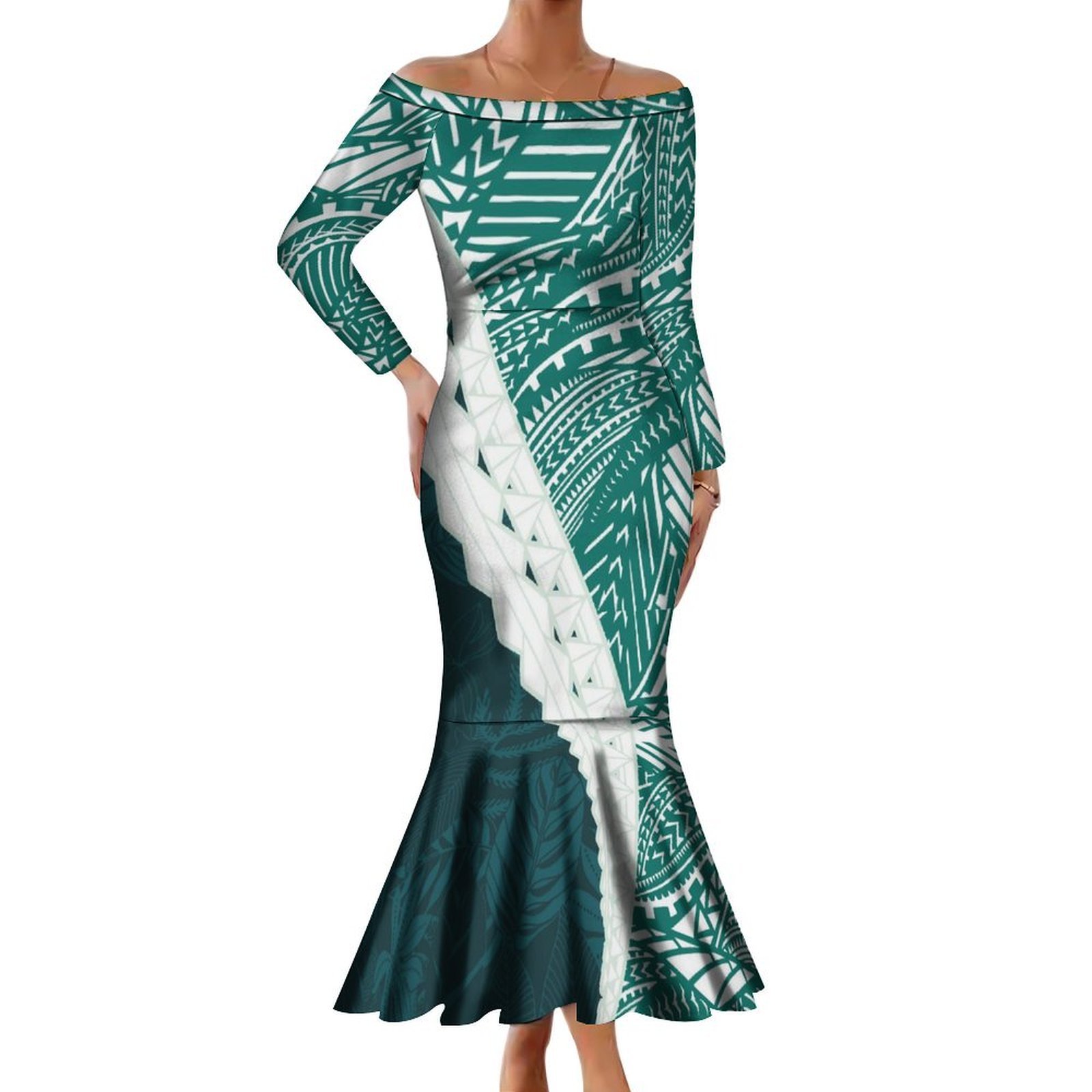 New Style Long Sleeve Off Shoulder Fishtail Evening Dresses Women Elegant Samoa Polynesian Tribal Printed Mermaid Dress Custom
