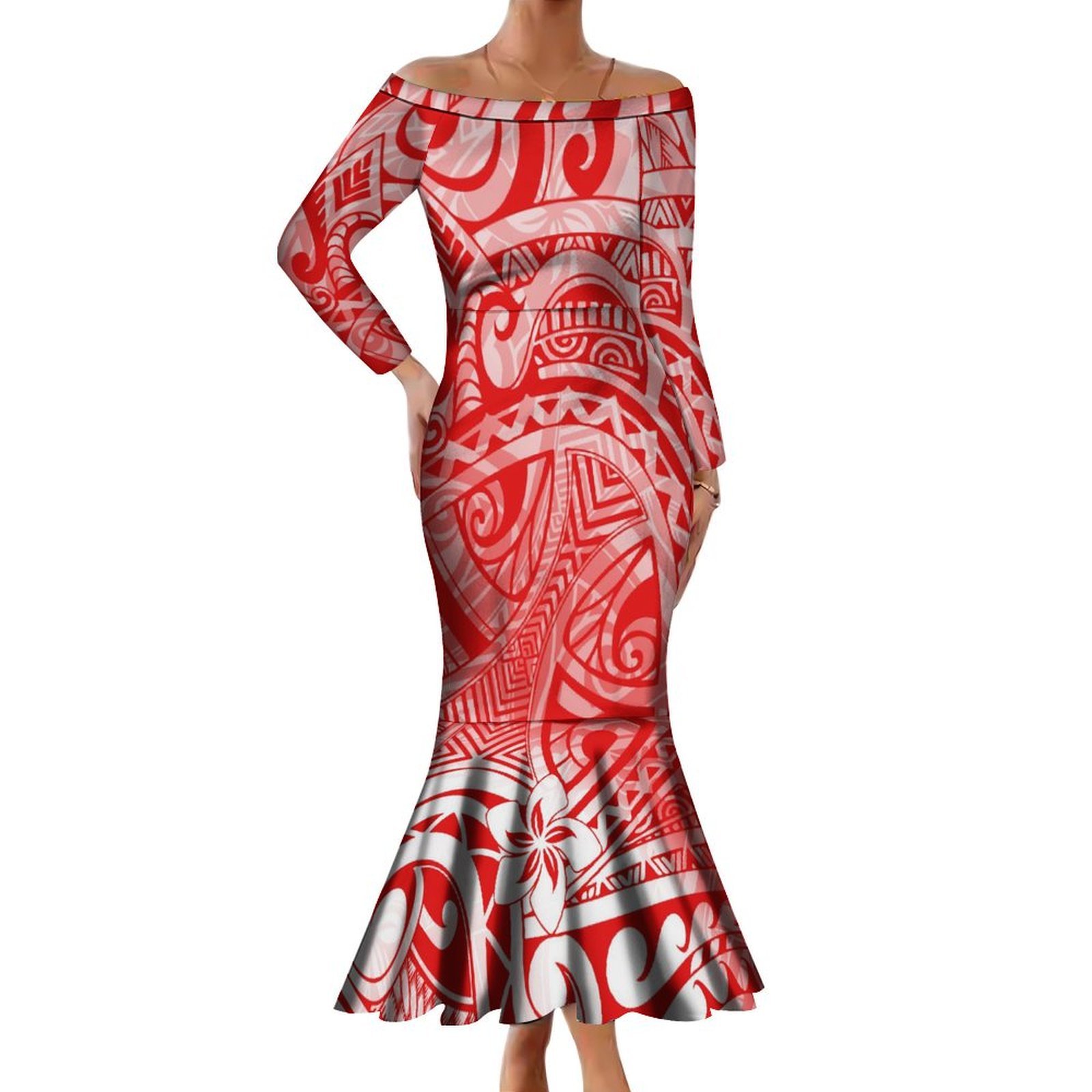 New Style Long Sleeve Off Shoulder Fishtail Evening Dresses Women Elegant Samoa Polynesian Tribal Printed Mermaid Dress Custom