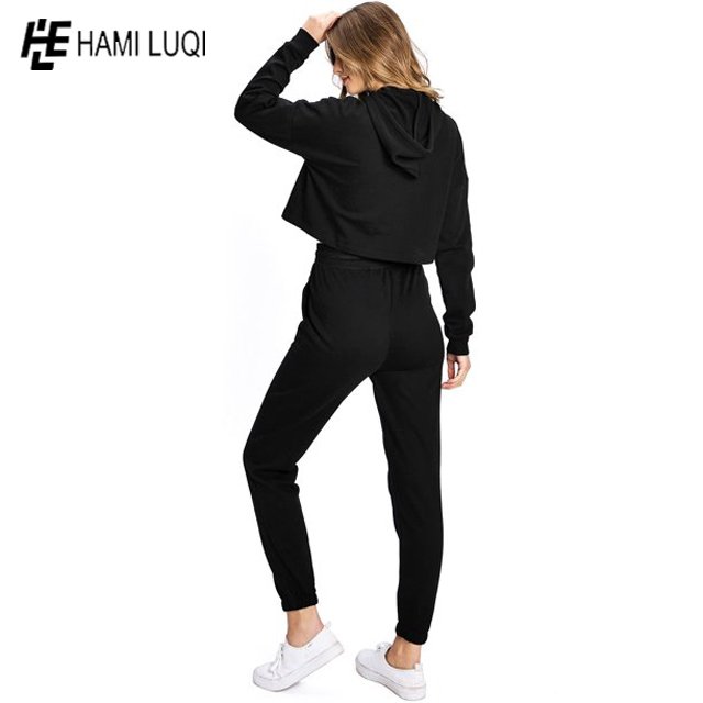 Solid Women's Set Crop Hoodies Tops Jogger Pants Set Tracksuit Fitness Active Outfit Two Piece Matching Set