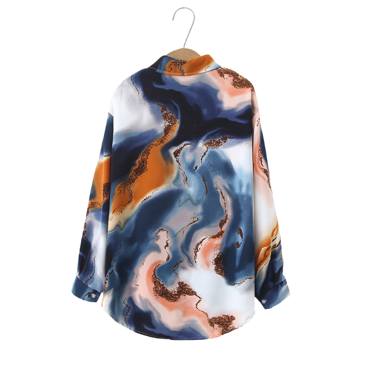 Spring Fall New Vintage Tie-dye Design Sense Of High-end Foreign French Satin Blouse Woman