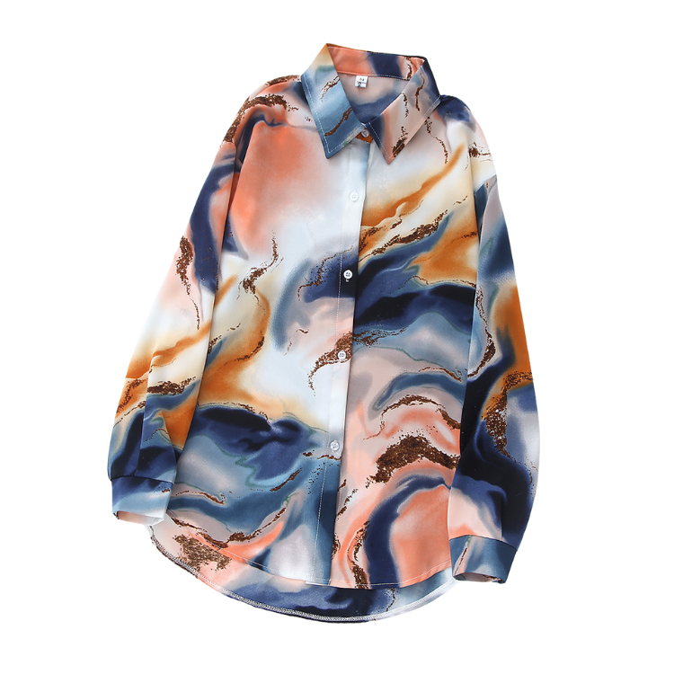 Spring Fall New Vintage Tie-dye Design Sense Of High-end Foreign French Satin Blouse Woman