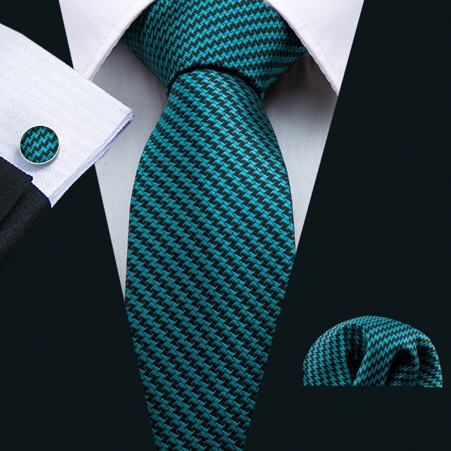Mens Ties 100% Silk Jacquard Blue Solid Silk Ties Handkerchief Cufflinks Neck Tie Set