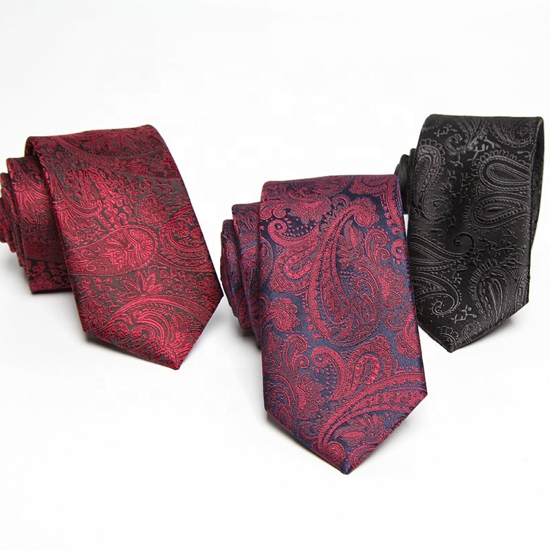 Men Brands Hand Made Custom Silk Tie Label Luxury Paisley Jacquard Polyester Neckties black slim paisley tie for men