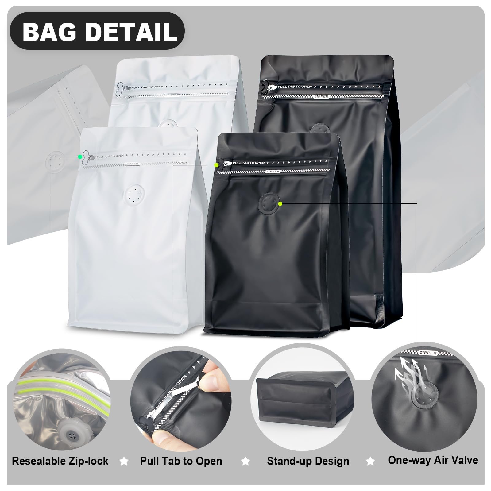125G 500G 1Kg 250G Custom Eight Side Sealing Flat Bottom Coffee Bean Bag Aluminum Foil Coffee Packaging Zipper Bags With Valve