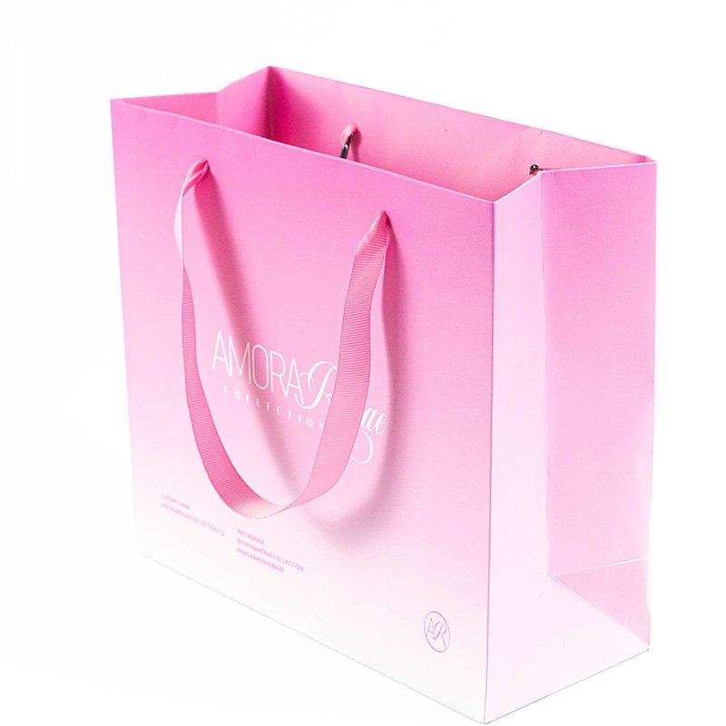 Custom Size Pink Paper Bag With Ribbon Handles Printing Your Own Logo Gradient Color Paper Bags For Shopping