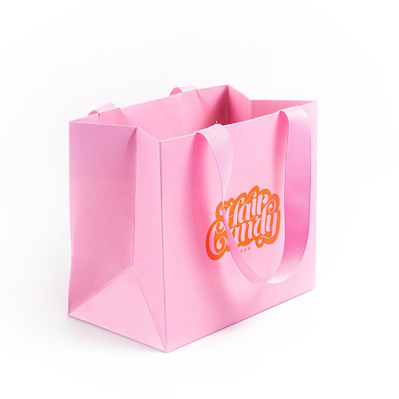 Custom Size Pink Paper Bag With Ribbon Handles Printing Your Own Logo Gradient Color Paper Bags For Shopping