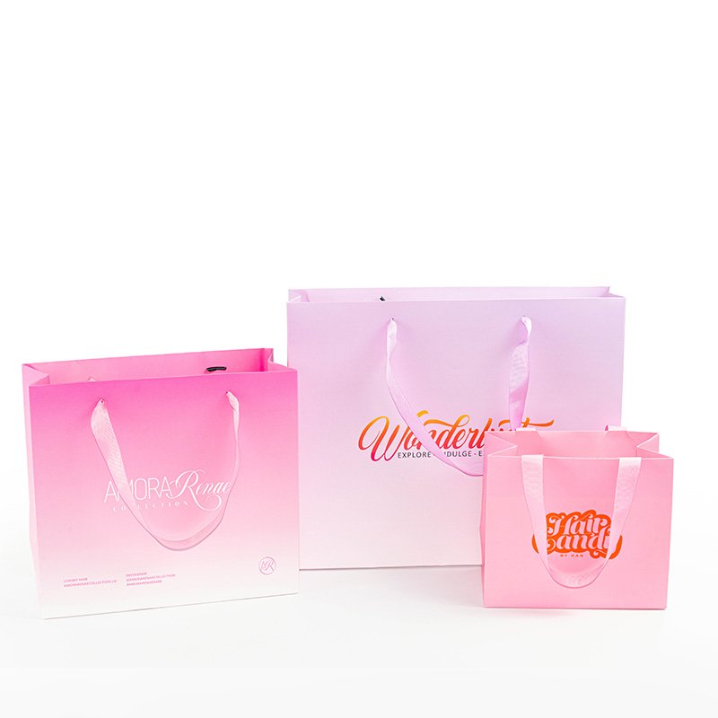 Custom Size Pink Paper Bag With Ribbon Handles Printing Your Own Logo Gradient Color Paper Bags For Shopping