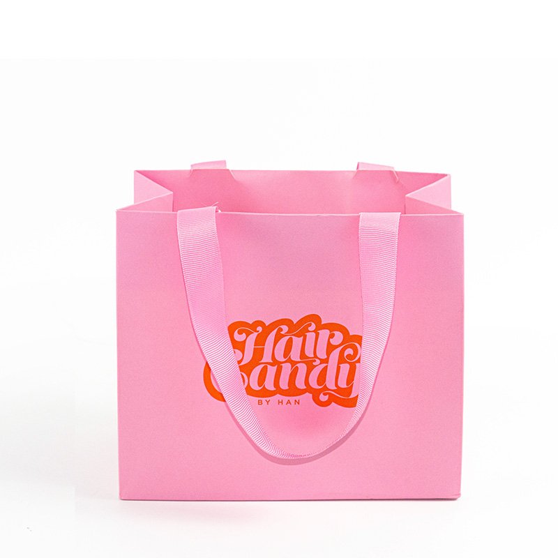 Custom Size Pink Paper Bag With Ribbon Handles Printing Your Own Logo Gradient Color Paper Bags For Shopping