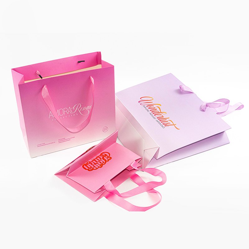 Custom Size Pink Paper Bag With Ribbon Handles Printing Your Own Logo Gradient Color Paper Bags For Shopping