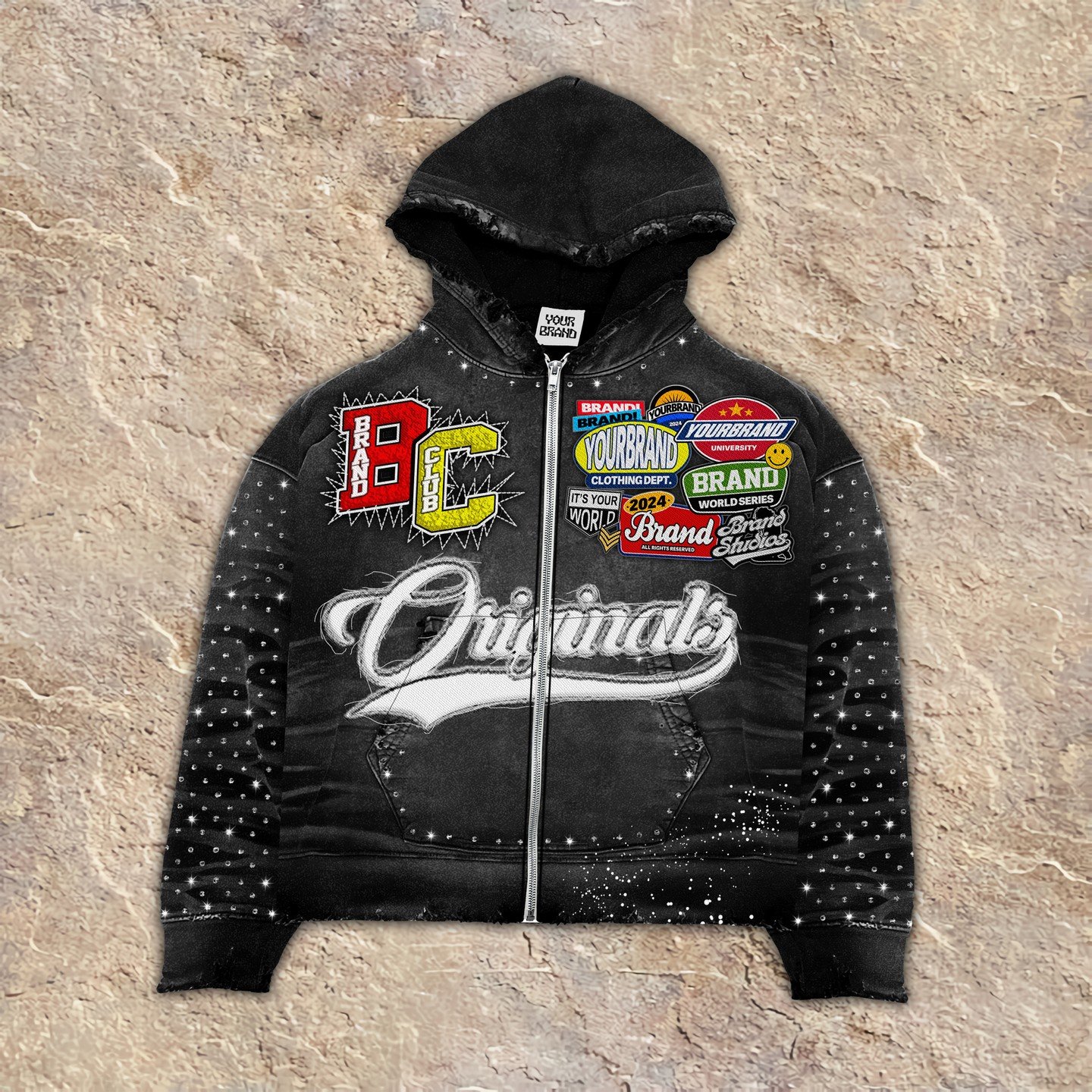 OEM Custom manufacturer boxy dtg printing distressed embroidery patch heavyweight acid washed mens zip up cropped hoodie