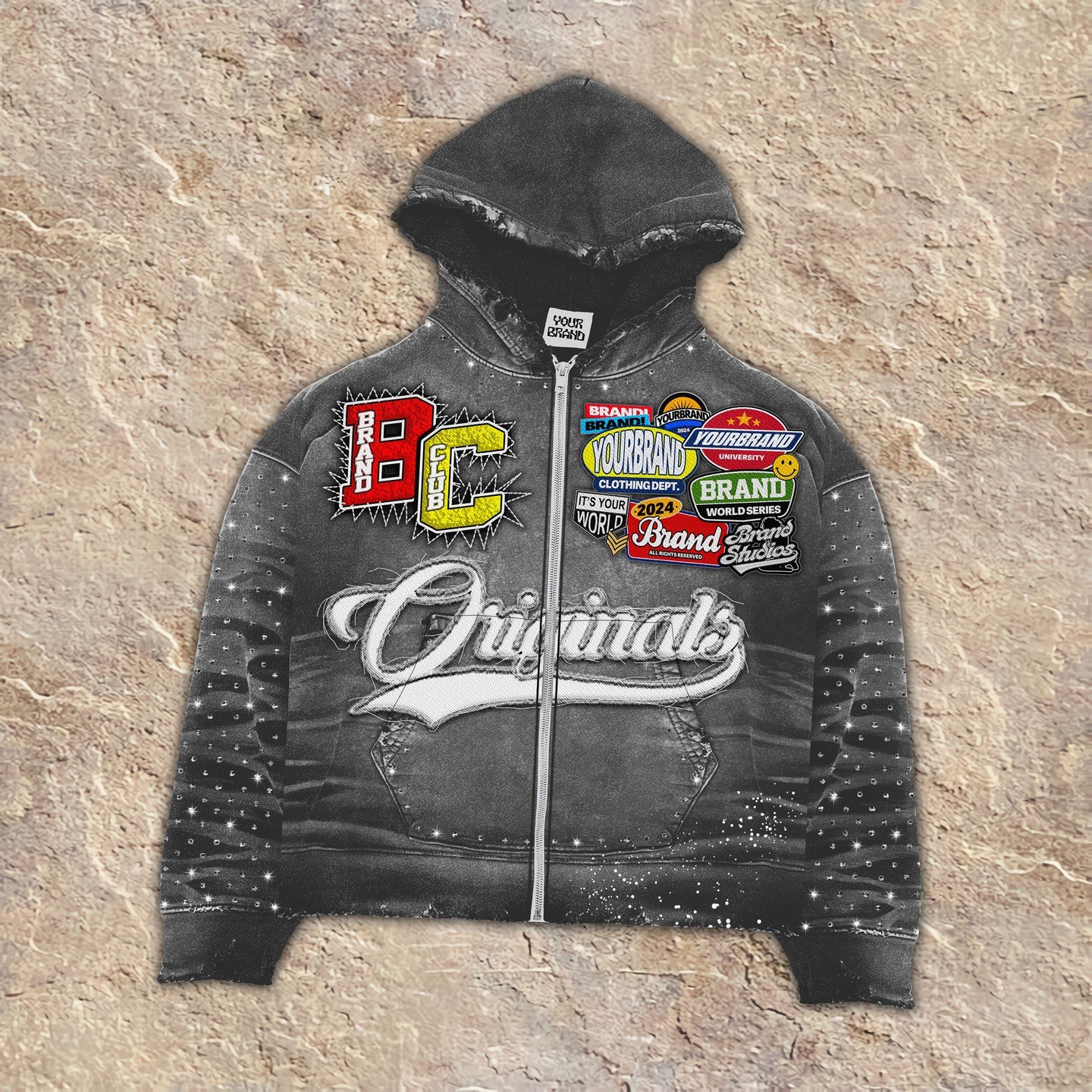 OEM Custom manufacturer boxy dtg printing distressed embroidery patch heavyweight acid washed mens zip up cropped hoodie