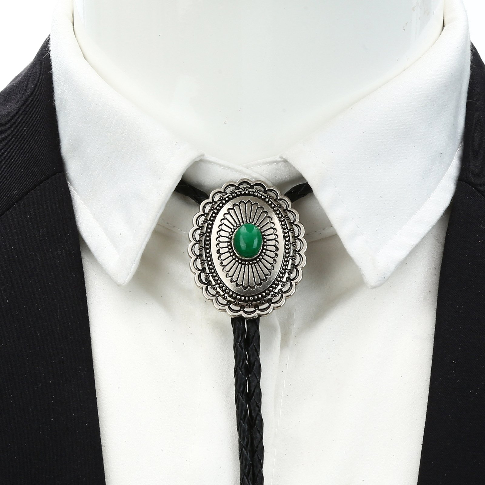 Factory Wholesale Fashion Leather Rope Green Natural Agate Stone Bolo Tie Necklace Western Cowboy Bolo Tie Accessories For Men