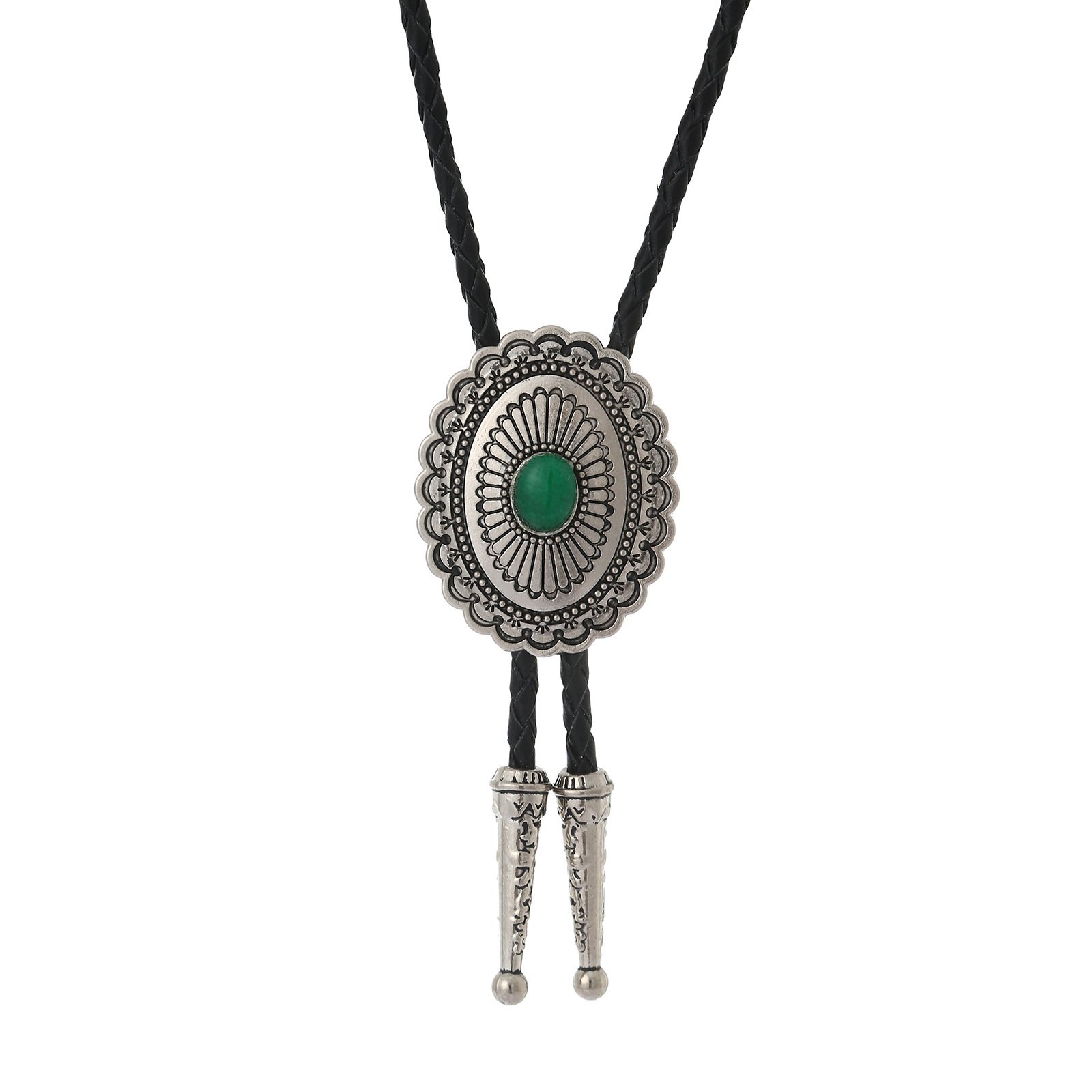 Factory Wholesale Fashion Leather Rope Green Natural Agate Stone Bolo Tie Necklace Western Cowboy Bolo Tie Accessories For Men