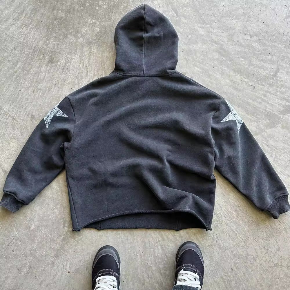 Custom cut edge heavyweight cotton terry 420gsm acid washed pullover hoodies no hem thick dtg screen print cropped hoodie men