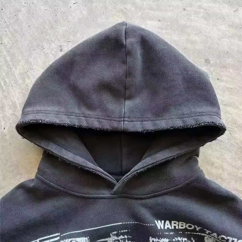 Custom cut edge heavyweight cotton terry 420gsm acid washed pullover hoodies no hem thick dtg screen print cropped hoodie men