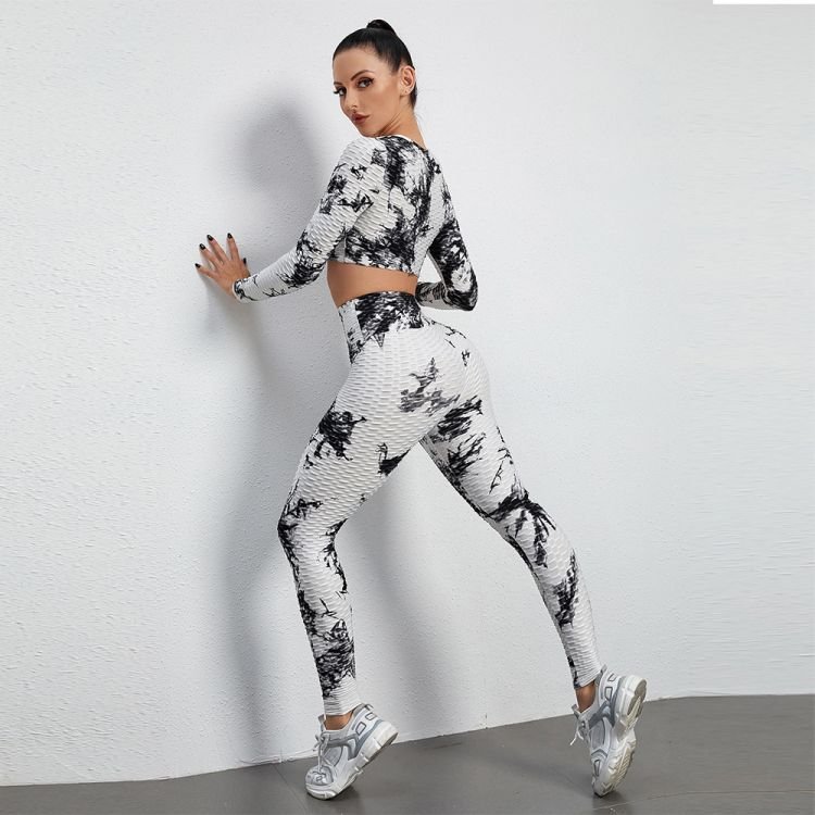 Top Sell Tie Dye Bubble Butt Leggings Set Sexy Models Tight Camo Stylish Pant Breast Wrap Hollow Out Crop Top Long Sleeve Blouse